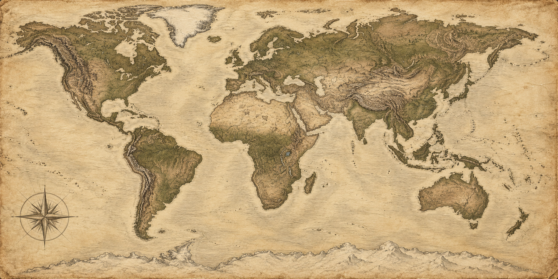 Antique-style world map on parchment, with no expedition path or location markers